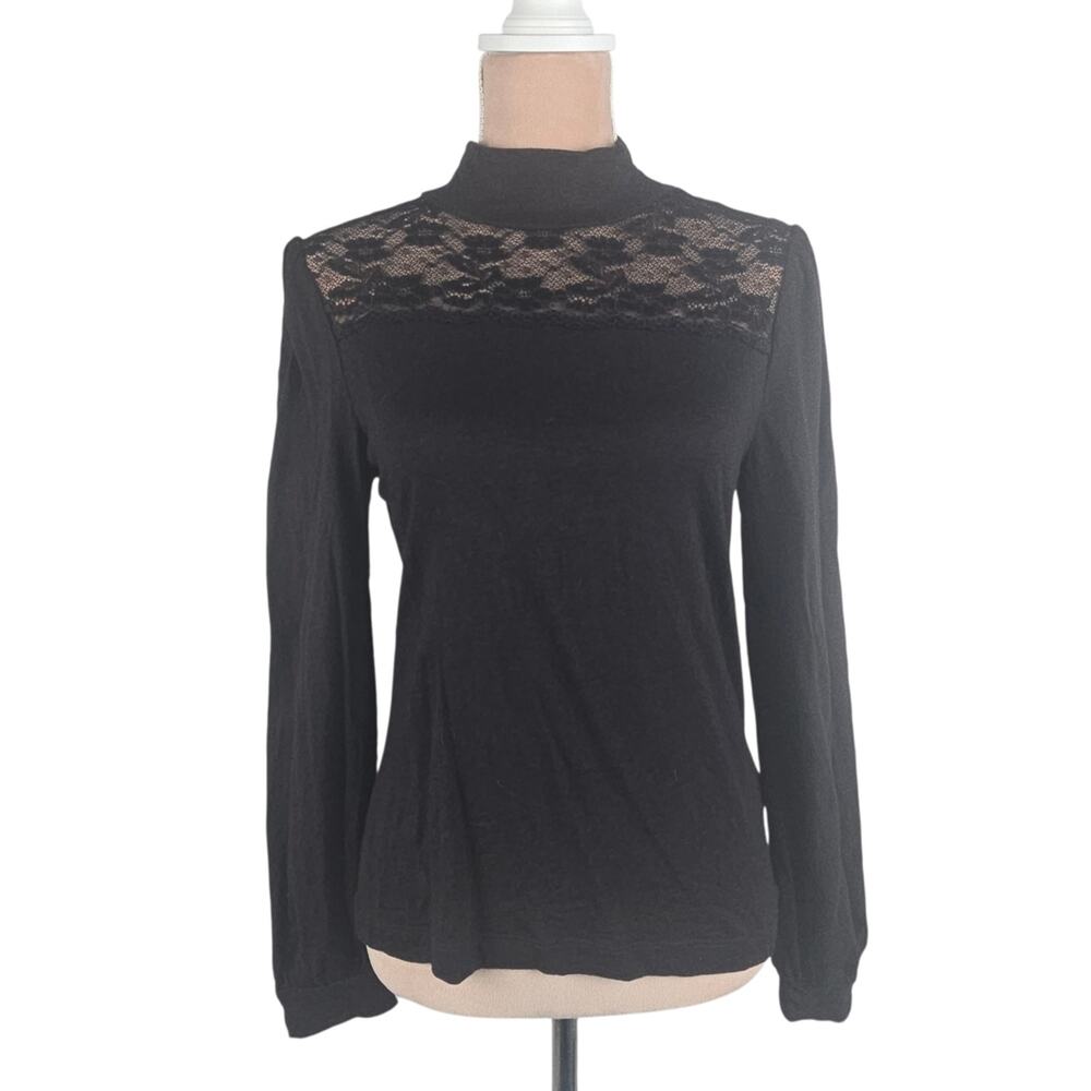 Whistles Cotton Lace Insert Mock Neck Top Balloon Sleeve Black US 6